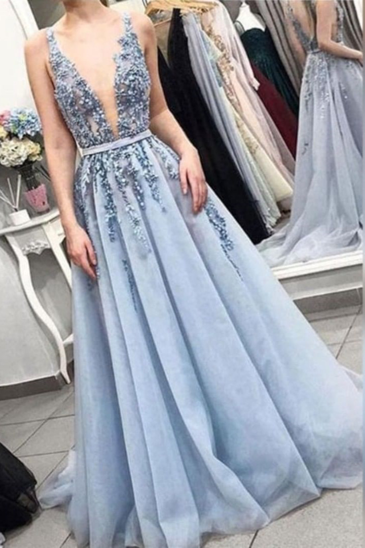 Sexy Straps Deep V Neck Long Prom Dress | Exquisite Lace Beading Blue Prom Gown-newarrivaldress