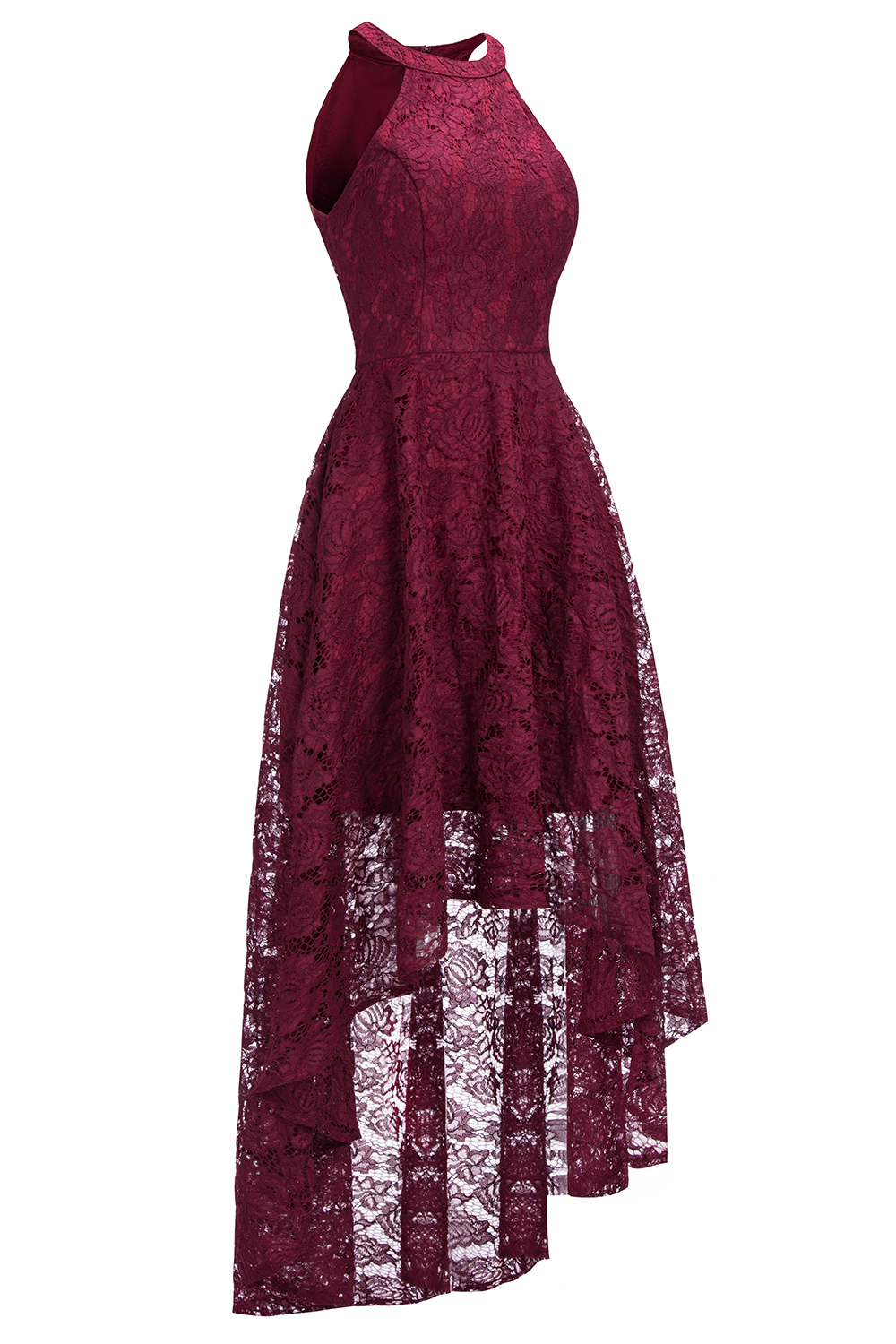Halter Sleeveless Sheath Asymmetrical Burgundy Lace Dresses-newarrivaldress