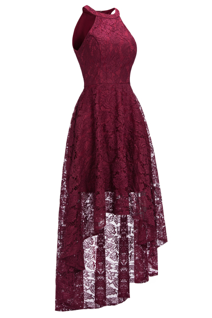Halter Sleeveless Sheath Asymmetrical Burgundy Lace Dresses-newarrivaldress