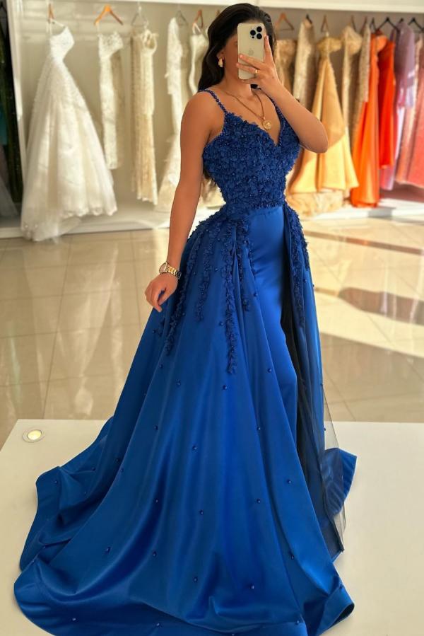Stunning Royal Blue Satin Evening Dresses with Lace Appliques Detachable Train Party Dress-newarrivaldress