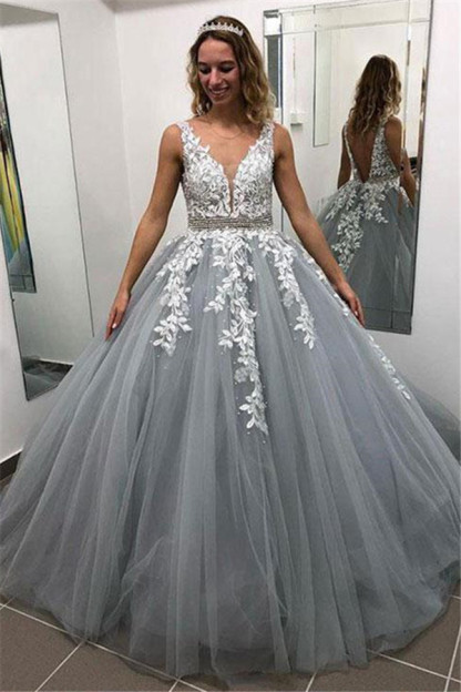 Elegant Crystal Apppliques Simple Ball Gown Prom Dresses | A-Line Sleeveless Backless Evening Dresses-newarrivaldress
