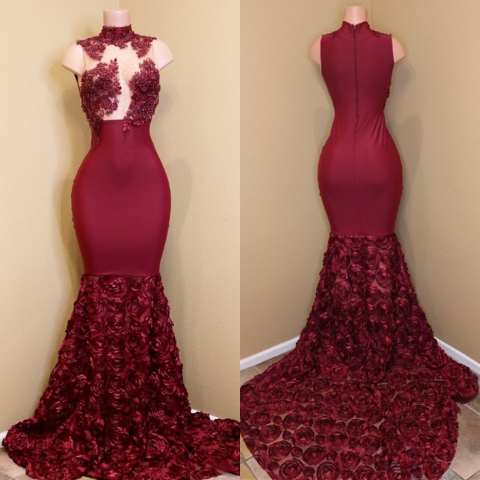 Modest High Neck Lace Flowers Prom Dresses | Burgundy Prom Dresses-newarrivaldress