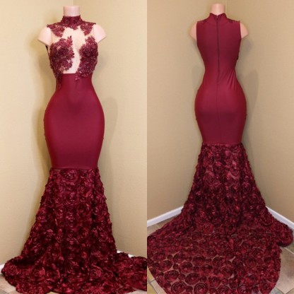 Modest High Neck Lace Flowers Prom Dresses | Burgundy Prom Dresses-newarrivaldress