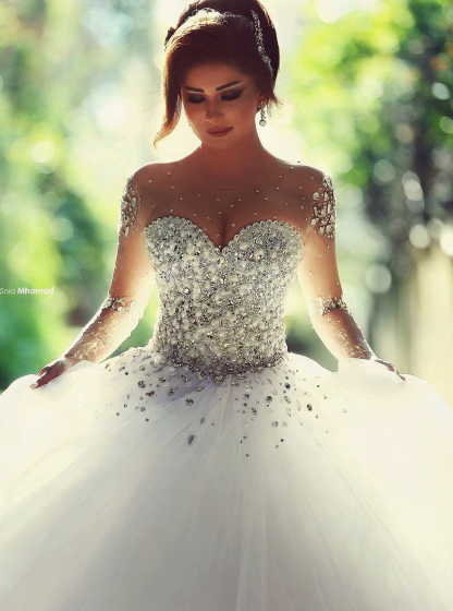 Sweetheart Crystalss Ball Gown Wedding Dress See Through Long Sleeve -up Princess Chapel Train Wedding Gowns