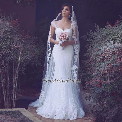 Elegant Lace Appliques Mermaid Sweetheart Custom Made Straps Tulle Wedding Dress-newarrivaldress