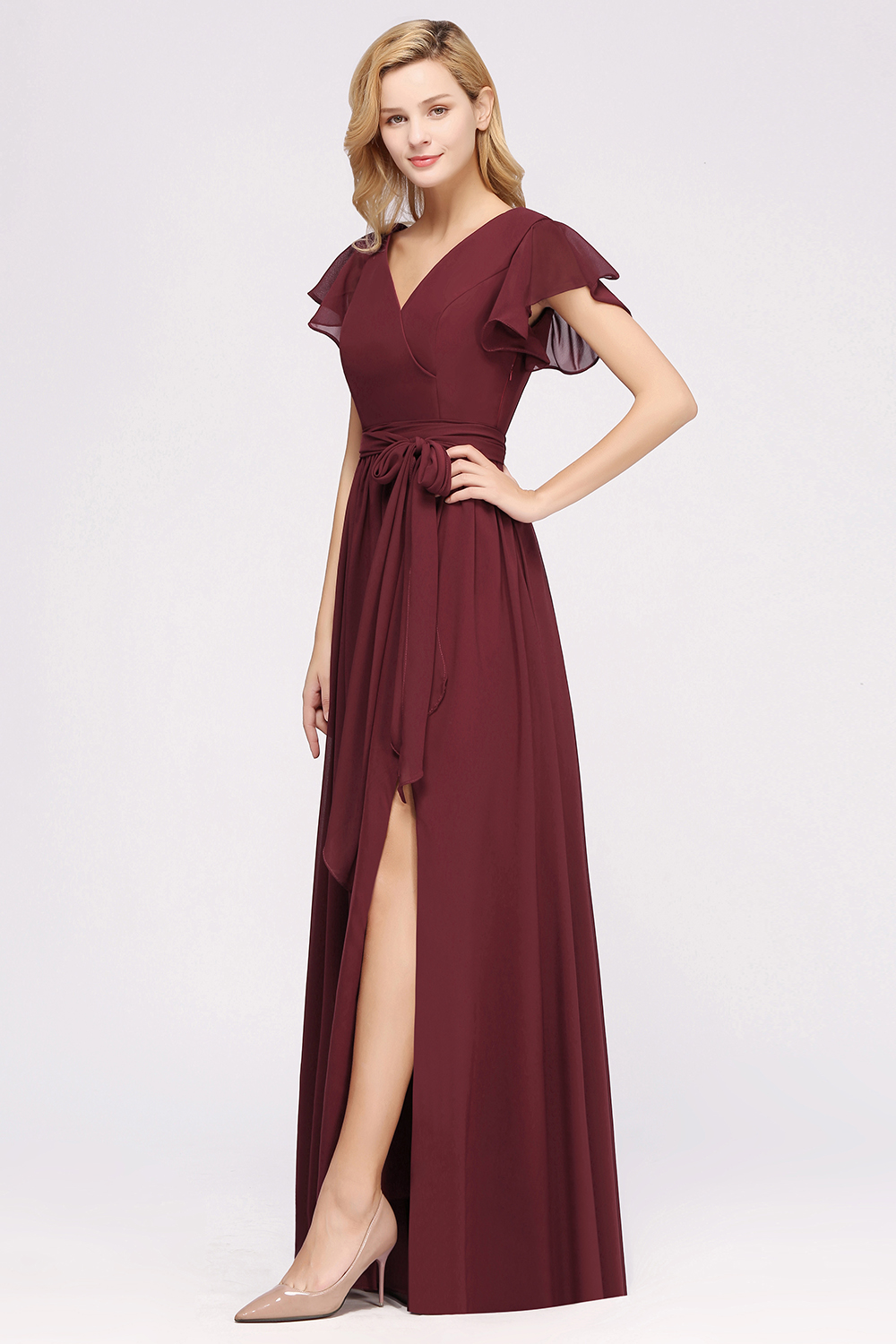 elegant A-line Chiffon V-Neck Short-Sleeves Floor-Length Bridesmaid Dresses with Bow Sash-newarrivaldress