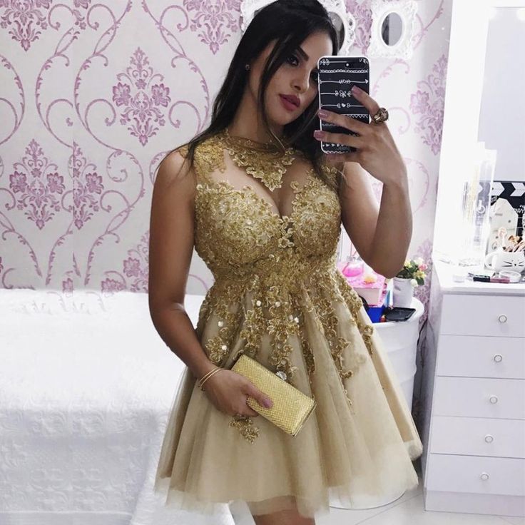 Delicate Gold Lace Beads Short Homecoming Dress | Sleeveless Cocktail Dress-newarrivaldress