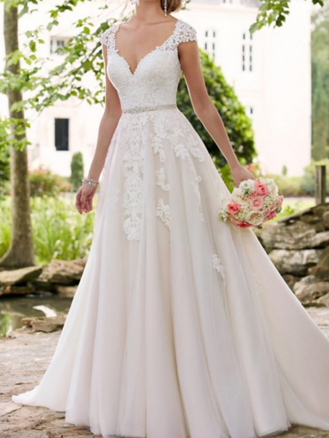 Cap Sleeves Aline Wedding Dresses with Belt Garden Bridal Dress-newarrivaldress