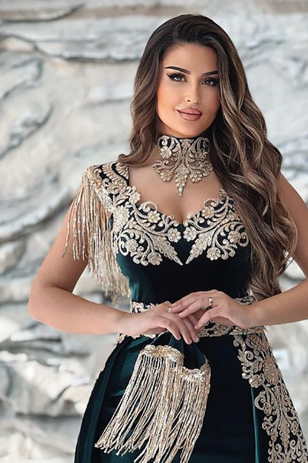 Dark green velvet sleeveless long prom dress with gold lace appliques