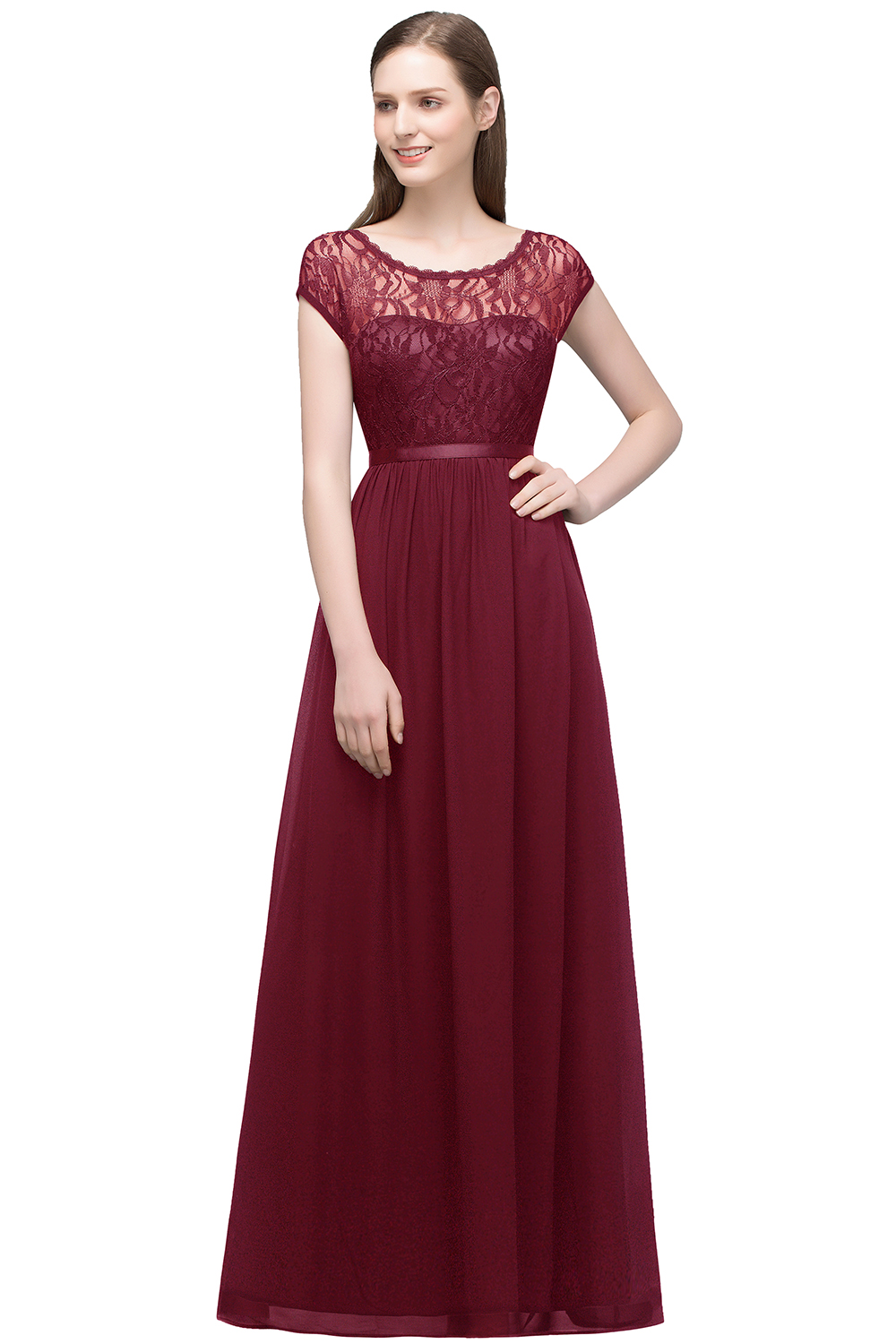 REESE | A-line Floor Length Short Sleeves Lace Bridesmaid Dresses with Sash-newarrivaldress