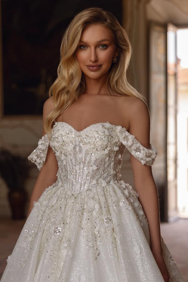 Off-the-Shoulder White Floral Lace Aline Wedding Dress Glitter Appliques-newarrivaldress