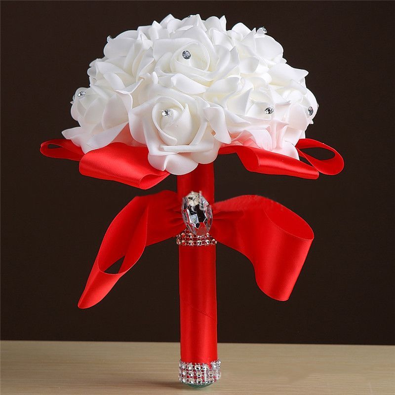 White Silk Rose Crystal Beading Bouquet in Colorful Handles-newarrivaldress