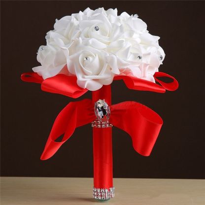 White Silk Rose Crystal Beading Bouquet in Colorful Handles-newarrivaldress