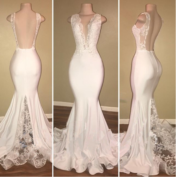 White Open Back V-neck Lace Mermaid Sleeveless Prom Dresses-newarrivaldress