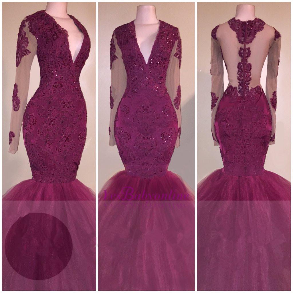 V-Neck Burgundy Tulle Mermaid Evening Gowns | Beaded Long Sleeve Appliques Prom Dresses-newarrivaldress