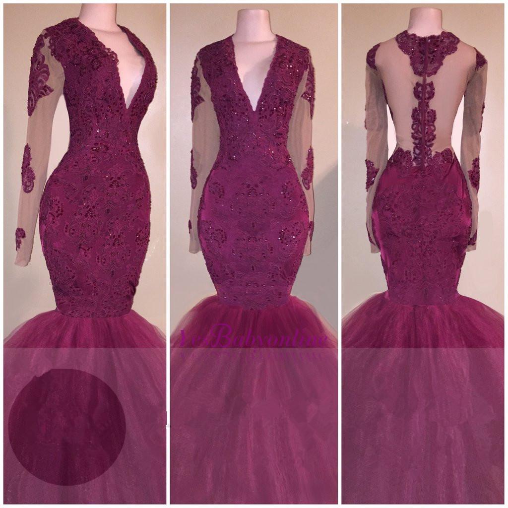 V-Neck Burgundy Tulle Mermaid Evening Gowns | Beaded Long Sleeve Appliques Prom Dresses-newarrivaldress