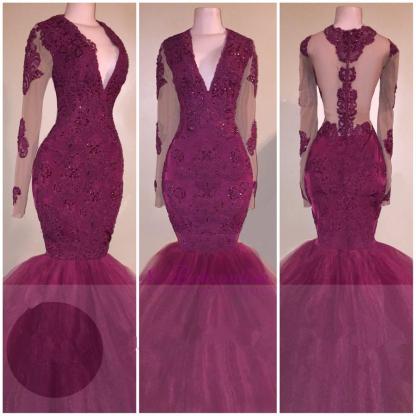 V-Neck Burgundy Tulle Mermaid Evening Gowns | Beaded Long Sleeve Appliques Prom Dresses-newarrivaldress