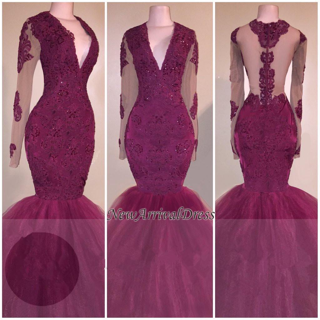 V-Neck Burgundy Tulle Mermaid Evening Gowns | Beaded Long Sleeve Appliques Prom Dresses-newarrivaldress