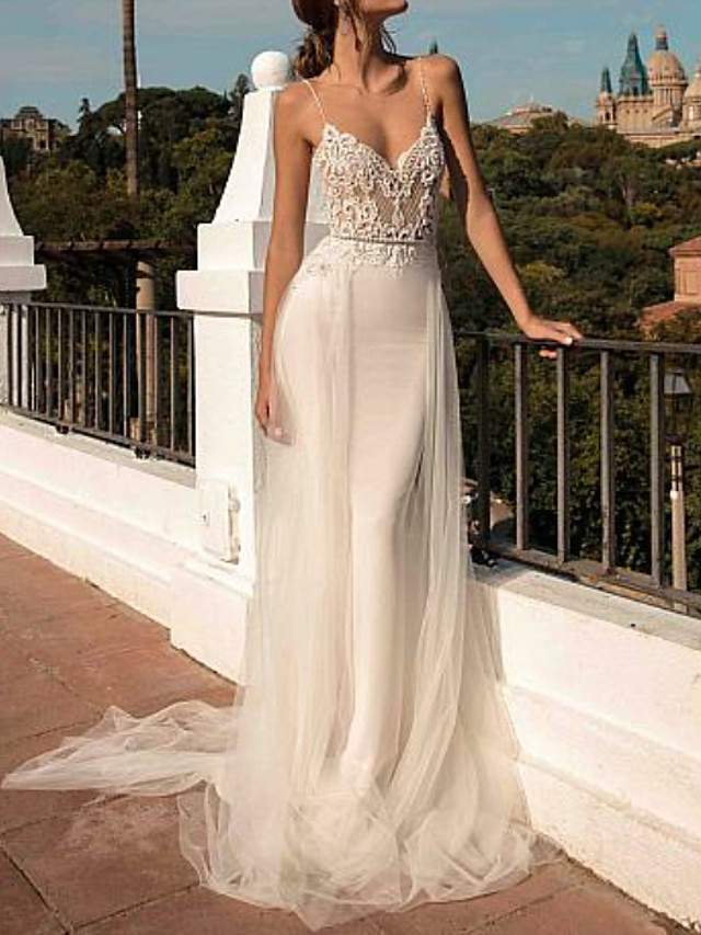 Boho Mermaid Wedding Dress Spaghtti Straps 3D Floral with detachable train