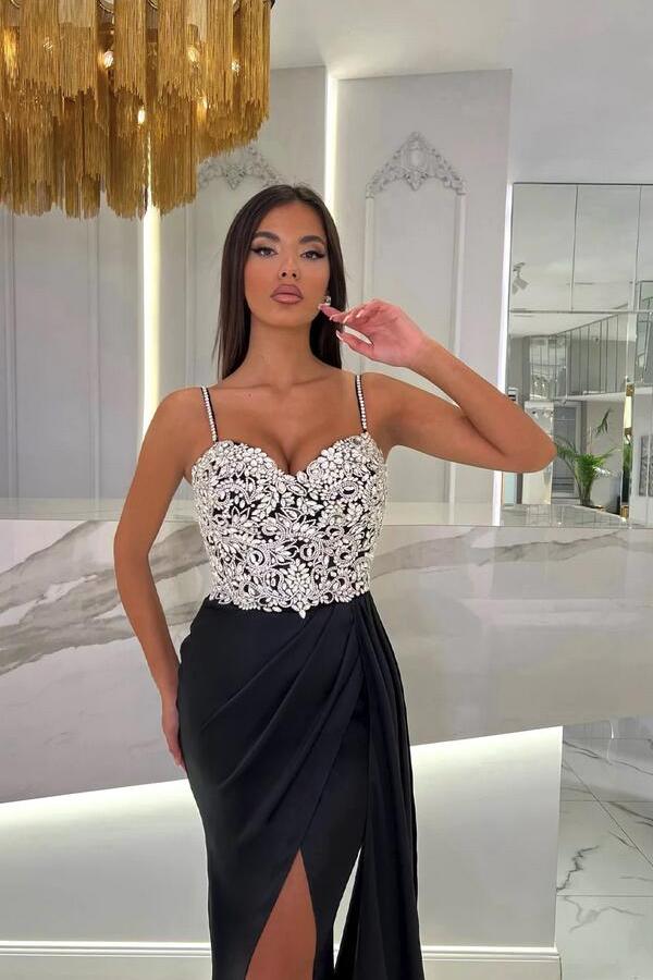 Charming Glitter Crystals Mermaid Prom Dress Ruched Satin Long Evening Dress with Straps-newarrivaldress