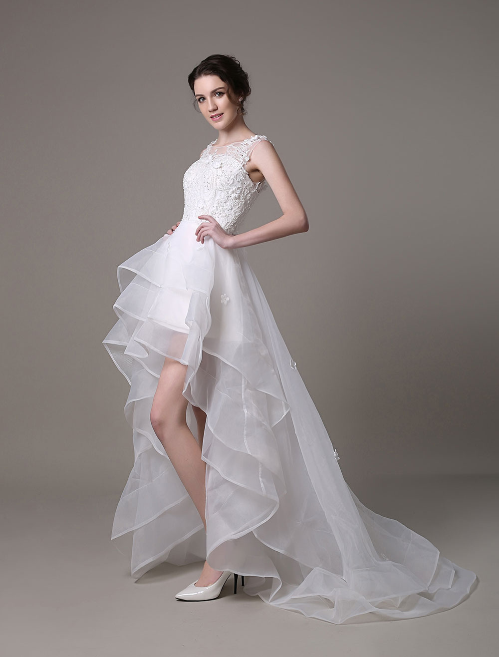 Asymmetrical Organza Wedding Dress High Low A-Line With Lace Beading Flower Exclusive-newarrivaldress