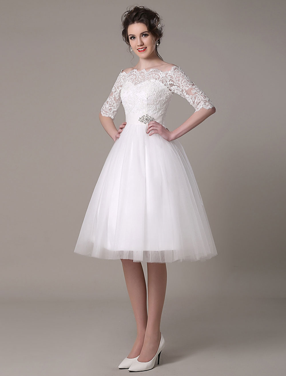 Lace Wedding Dresses 2021 Short Off The Shoulder A Line Knee Length Waist Rhinestone Bridal Dress Exclusive-newarrivaldress