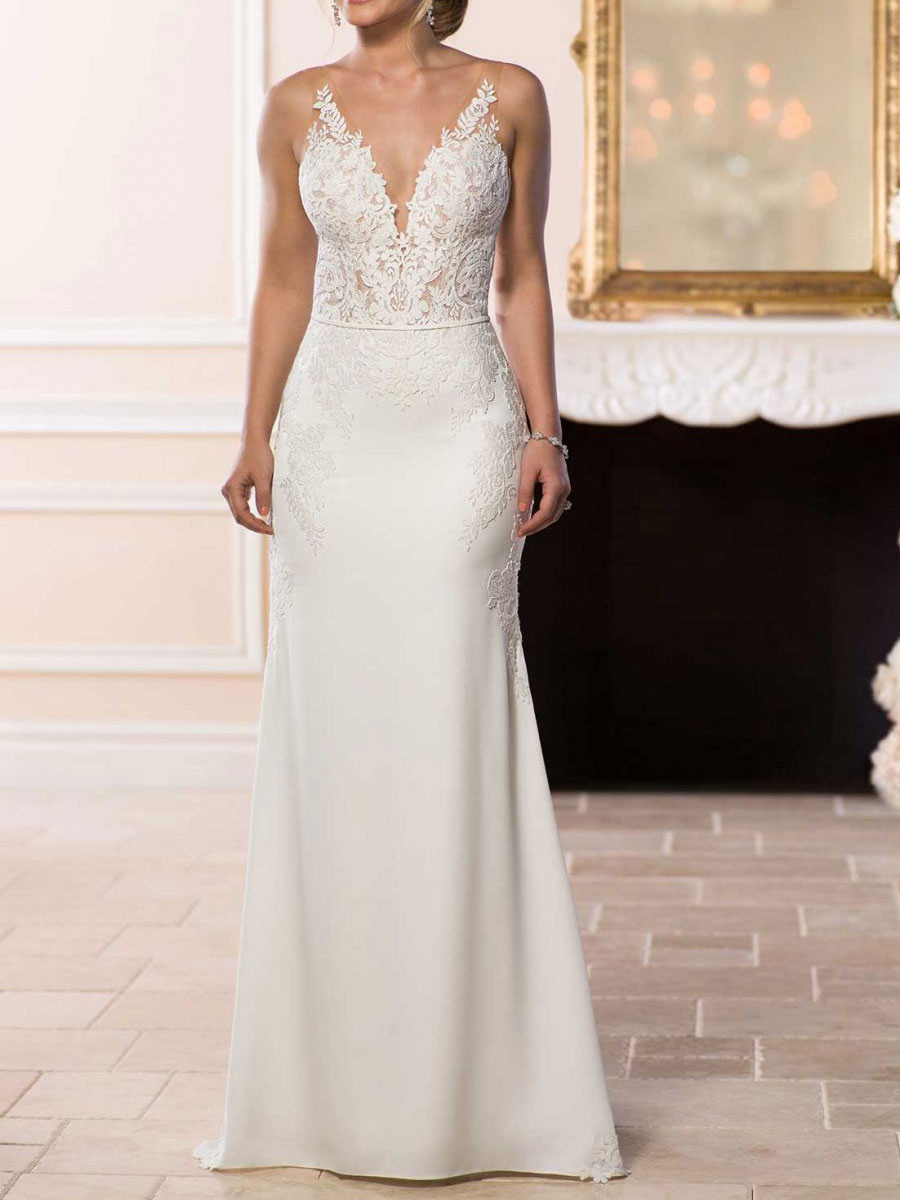 White Simple Wedding Dress Mermaid V-Neck Sleeveless Backless Natural Waist Lace Bridal Gowns-newarrivaldress