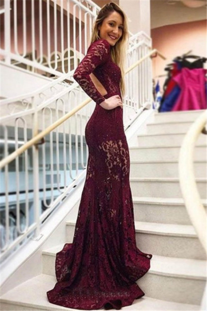 Gorgeous Mermaid Lace High Neck Long Sleeves Prom Dresses-newarrivaldress