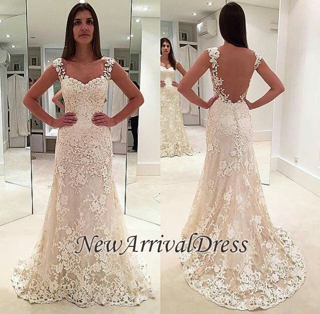 Sleeveless Straps Beautiful Lace Mermaid Open Back Elegant Wedding Dresses-newarrivaldress