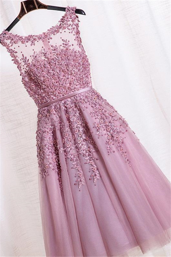 Tea-Length A-line Sheer-Neck Amazing Lace-Appliques Beaded Party Dresses-newarrivaldress