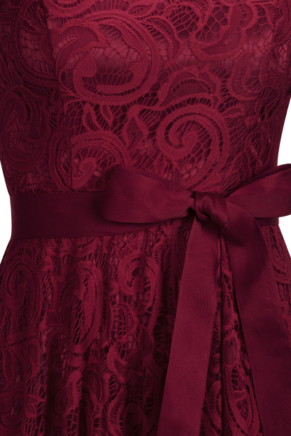 Elegant V-neck Short Sleeves Lace Dresses with Bow Sash-newarrivaldress