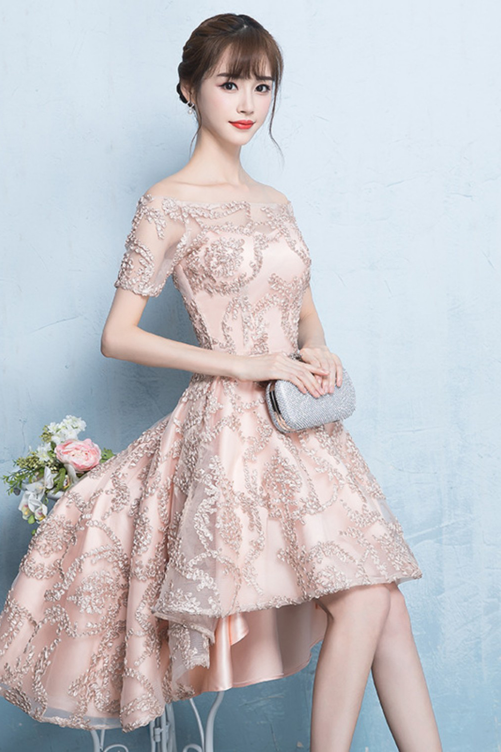 A-line Hi-lo Off-the-shoulder Short Sleeves Appliques Homecoming/Cocktail Dresses-newarrivaldress