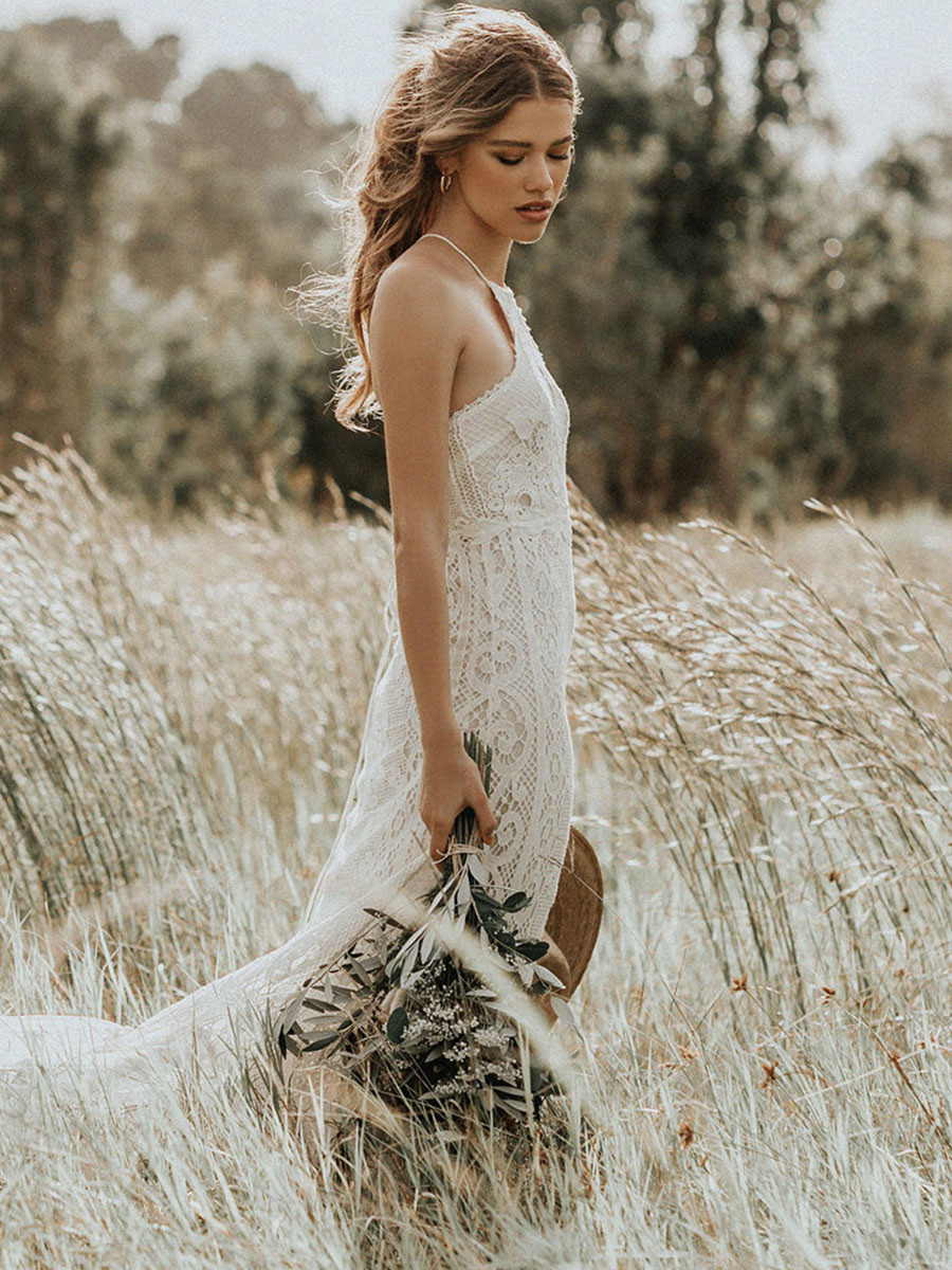 Boho Wedding Dress 2021 Lace A Line Halter Sleeveless Floor Length Bridal Gown With Train-newarrivaldress