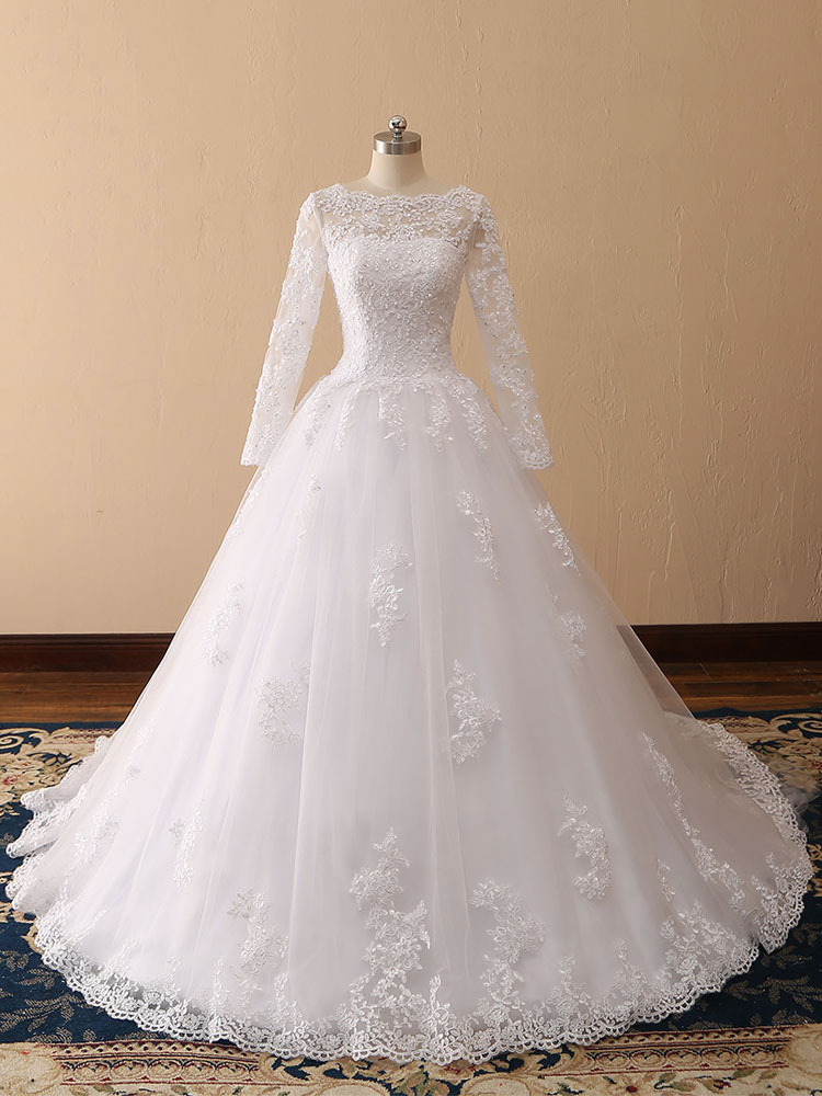 Wedding Dresses 2021 Princess Silhouette Bateau Neck Long Sleeve Natural Waist Lace Tulle Bridal Gowns-newarrivaldress