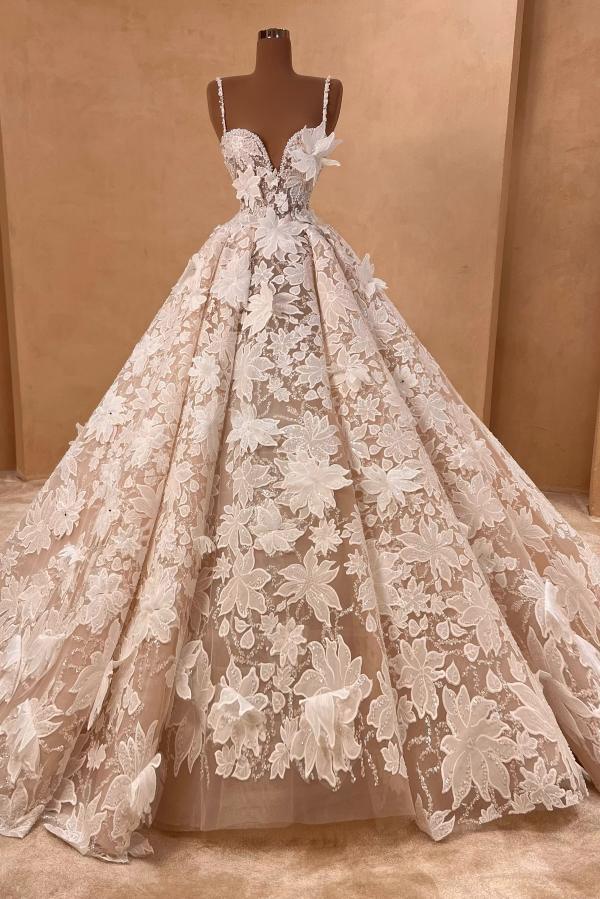 Amazing Sleeveless A-line Wedding Dress with Spaghetti Straps Floral Lace Ball Gown-newarrivaldress