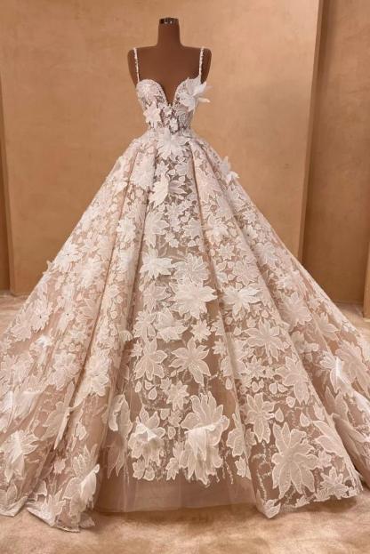 Amazing Sleeveless A-line Wedding Dress with Spaghetti Straps Floral Lace Ball Gown-newarrivaldress
