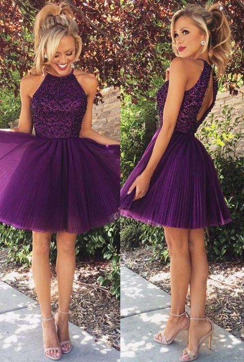 Halter Crystals Beaded Short Cocktail Dresses Ruched Open Back Mini Homecoming Dresses-newarrivaldress