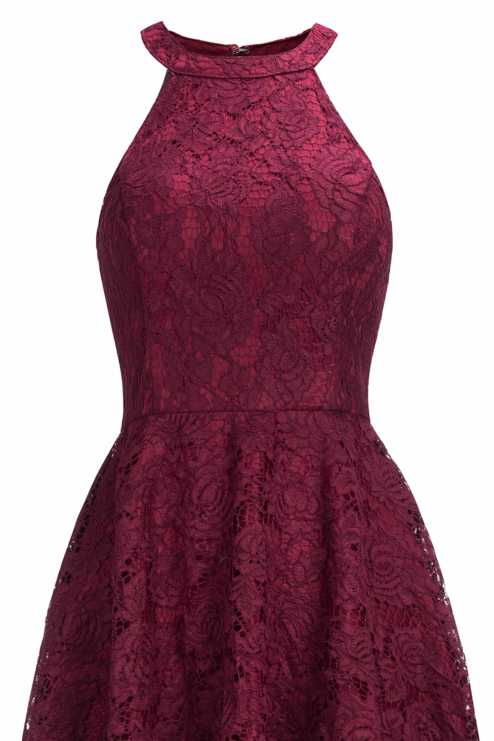 Halter Sleeveless Sheath Asymmetrical Burgundy Lace Dresses-newarrivaldress