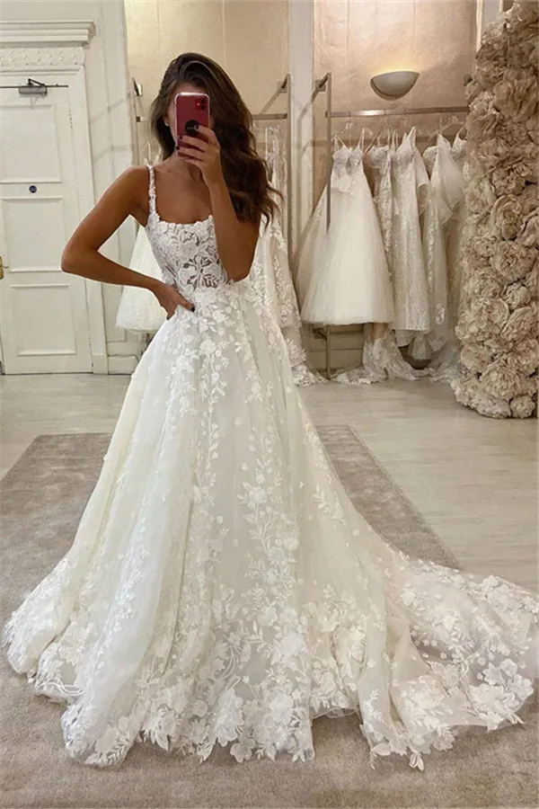 Glamorous Lace Appliques Spaghetti Straps Wedding Dresses | A-line Sweep Train Bridal Gowns