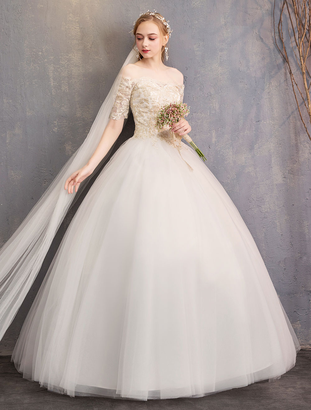 Tulle Wedding Dress Off The Shoulder Half Sleeve Princess Bridal Gown-newarrivaldress