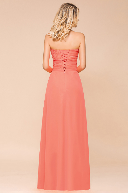 Sweetheart Ruffle Affordable Coral Chiffon Bridesmaid Dresses Strapless Lace-up Floor Length Wedding Guest Dresses-newarrivaldress