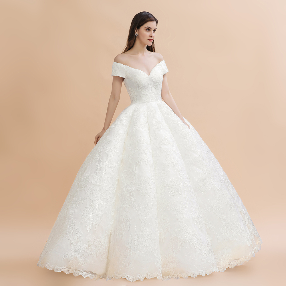 Ivory Off Shoulder Lace Appliques A-line Ball Gown Tulle Wedding Dress-newarrivaldress
