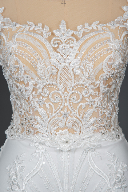 Charming Cap Sleeve Mermaid Wedding Dress White Tulle Lace Appliques with Detachable Sweep Train-newarrivaldress