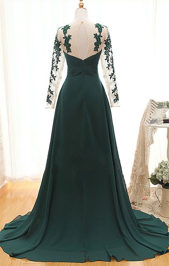 Dark Green Long Sleeve Formal Dresses for Women | Appliques Chiffon Evening Gowns-newarrivaldress