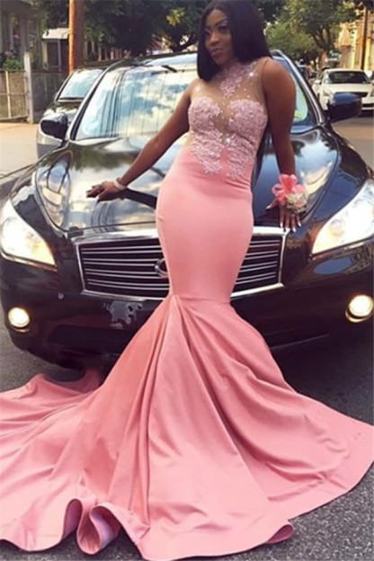 Pink Appliques Sheer Tulle Mermaid Prom Dresses | 2021 High-Neck Sleeveless Evening Gowns-newarrivaldress
