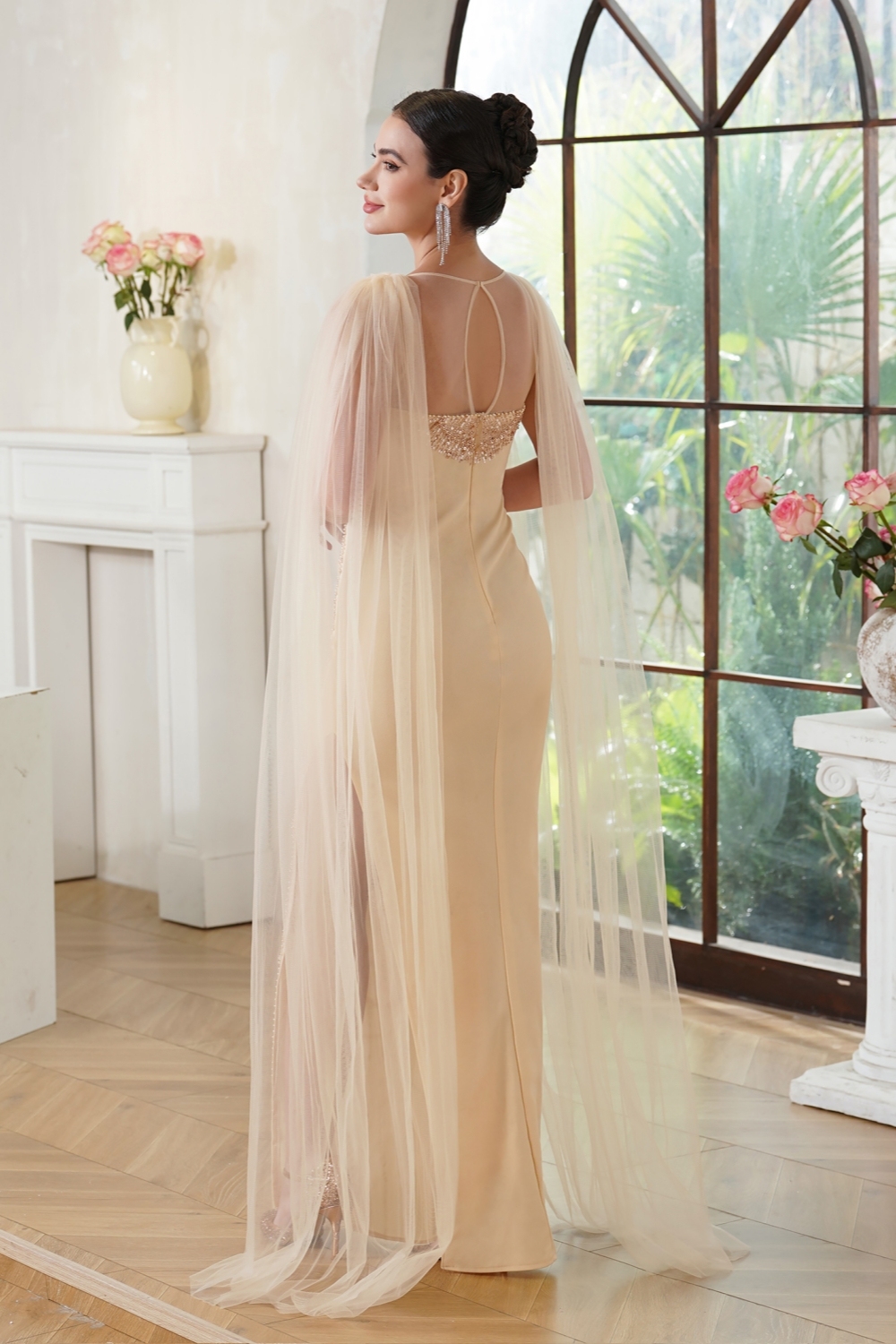 Champagne Tulle Trumpet Prom Dress with Cape Scoop Neck Beadings Long Evening Dress with Side Split-newarrivaldress