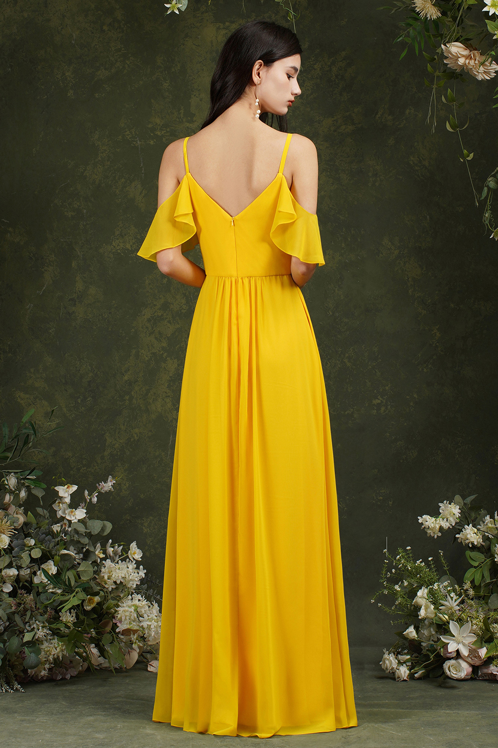 Ruffles Spaghetti Straps Chiffon Bridesmaid Dress Aline Wedding Guest Dress with Pockets-newarrivaldress