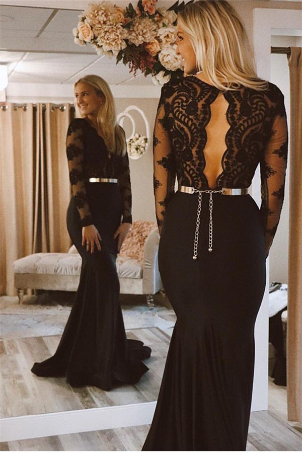 Glamorous Black Lone-Sleeves Lace Applique Long Sexy Mermaid Prom Dresses-newarrivaldress