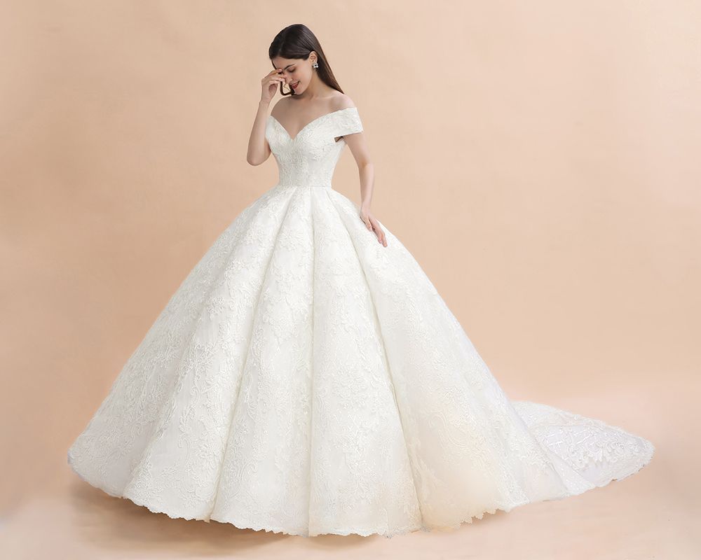 Charming Off-the-Shoulder Appliques Ball Gown Backless Sweep Train-newarrivaldress