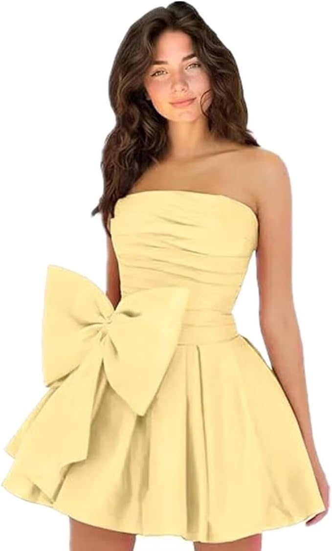 Simple Strapless Ruffle Satin Short Homecoming Dress Sleeveless Mini Party Dress with Bow-newarrivaldress
